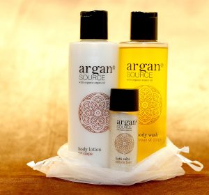 Argan beauty package set-up in the room upon arrival