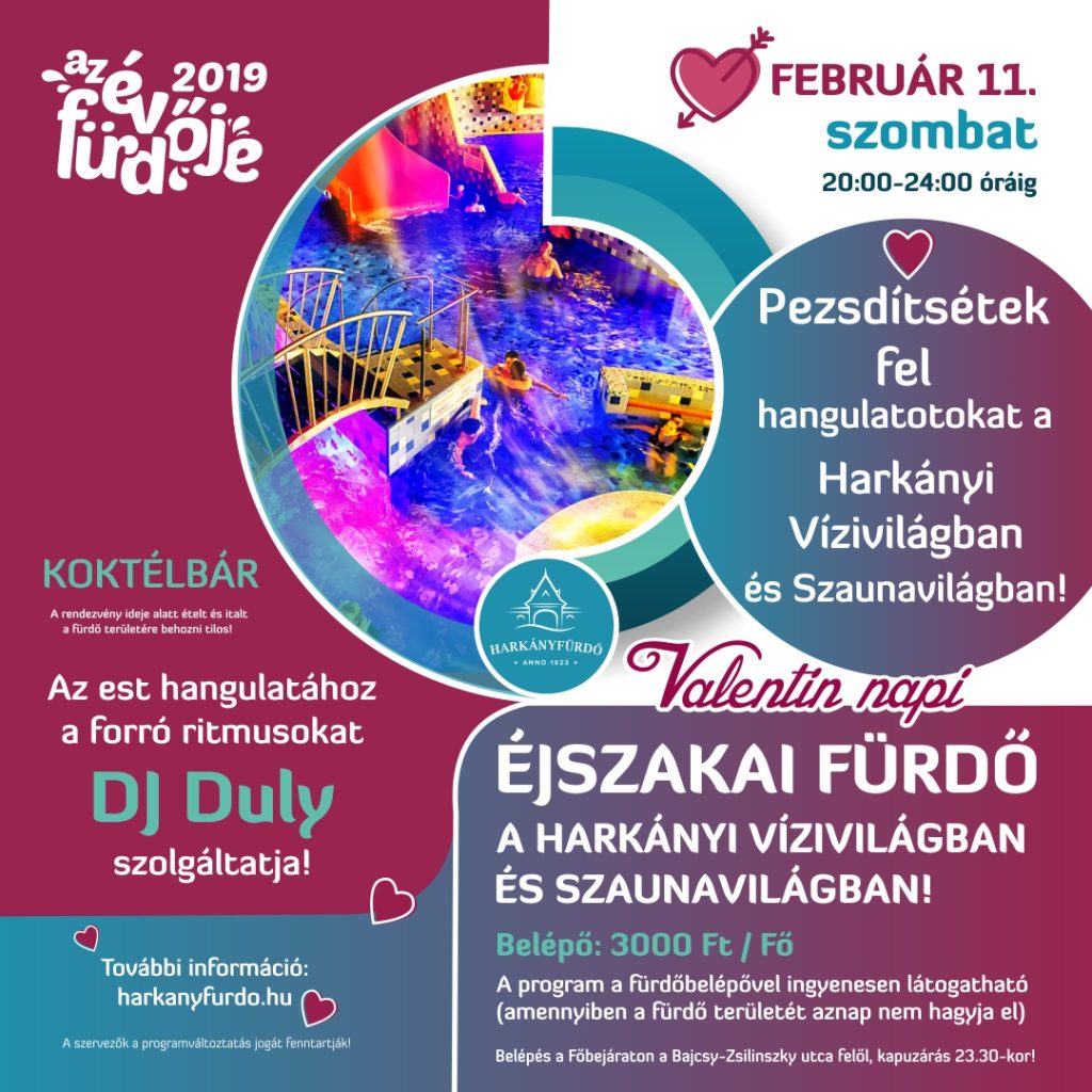 Valentin-napi éjszakai fürdőzés Harkányban, a Harka Vízivilágban, a gyógyfürdő területén, plakát