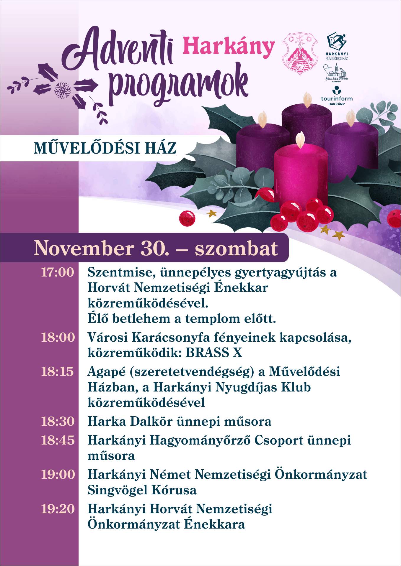 Advent Harkányban - 2024.11.30. - karácsonyfa állítás és fények bekapcsolása, agapé, szentmise