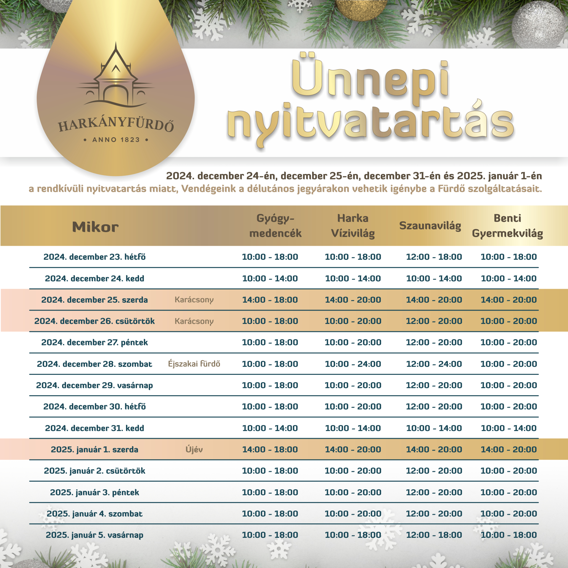 2024 téli ünnepi időszak a Harkányi Gyógyfürdőben - módosul a nyitvatartás