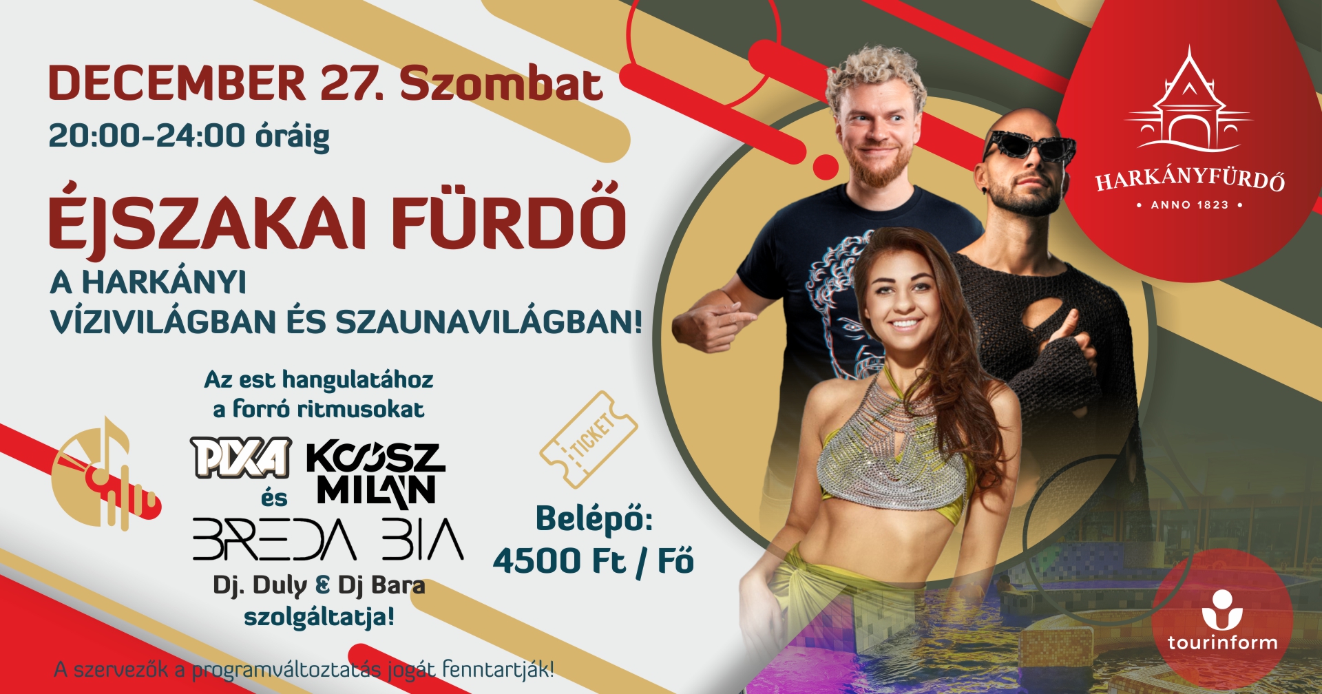 Harkányi Gyógyfürdő, éjszakai fürdőzés, Koósz Milán, Pixa, Bréda Bia, 2025.12.27.