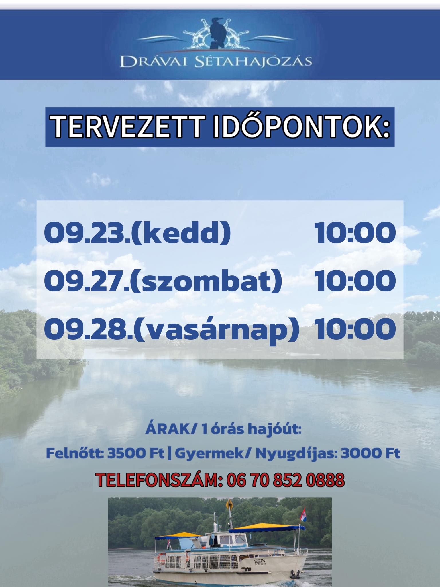 Sétahajózása a Dráván - 2025.09., 2025.10., menetrend