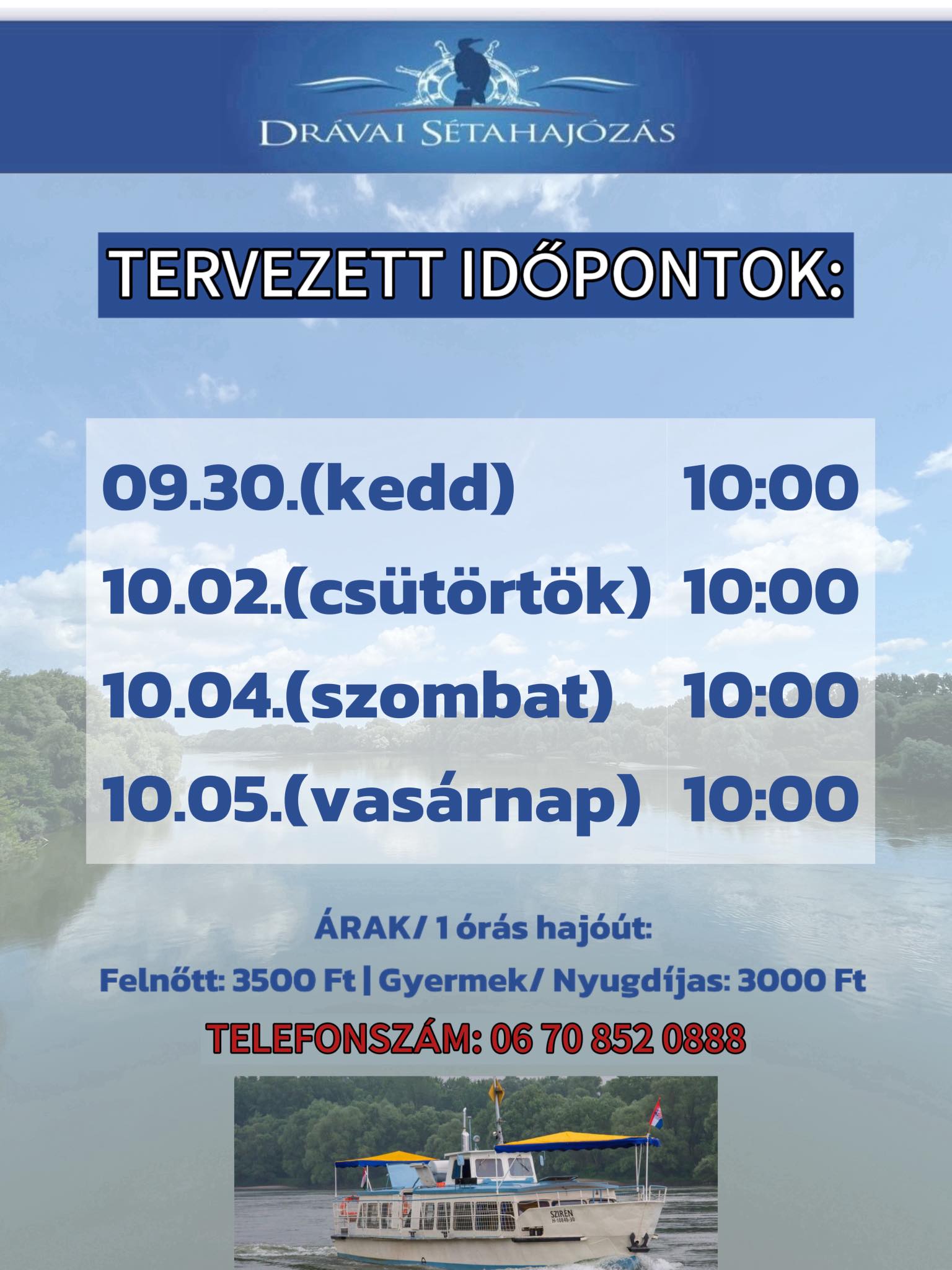 Sétahajózása a Dráván - 2025.09., 2025.10., menetrend