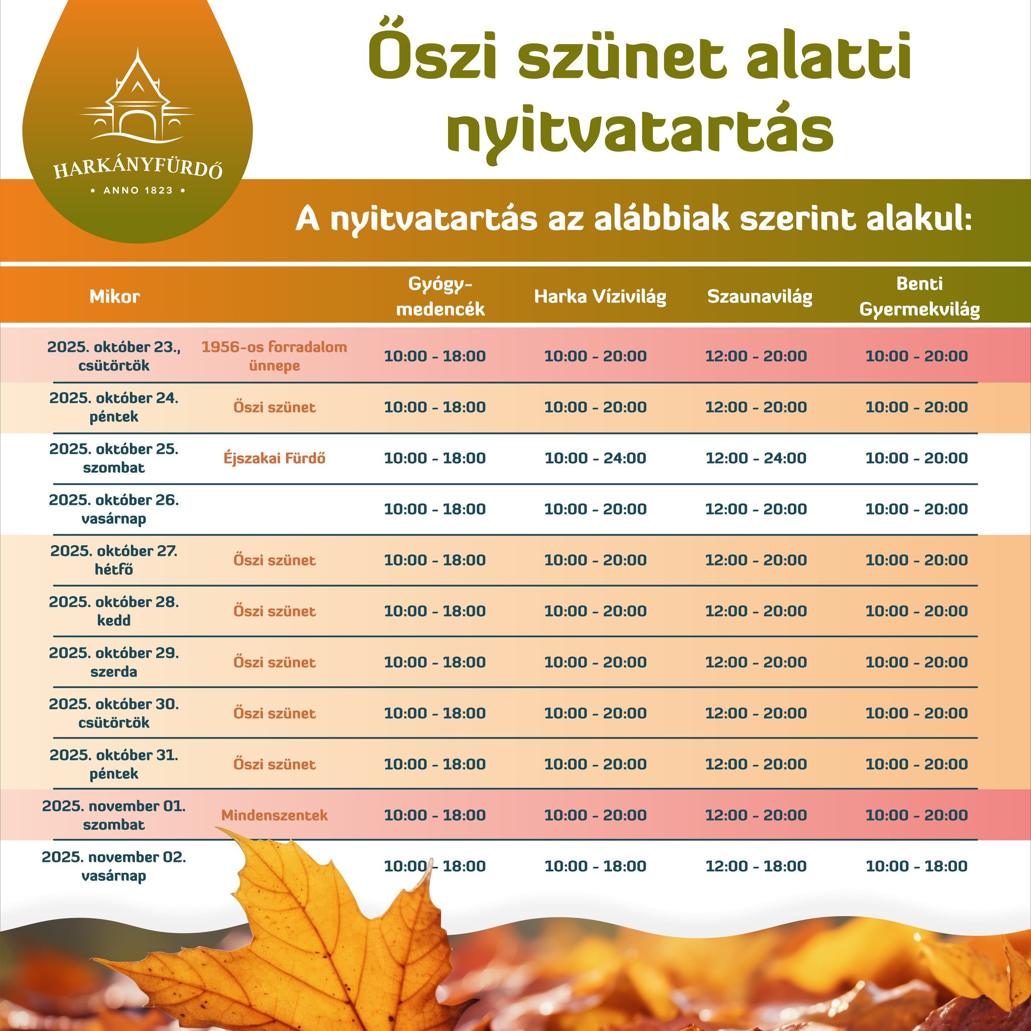 Harkányi Gyógyfürdő nyitvatartása az őszi szünet alatt - 2025