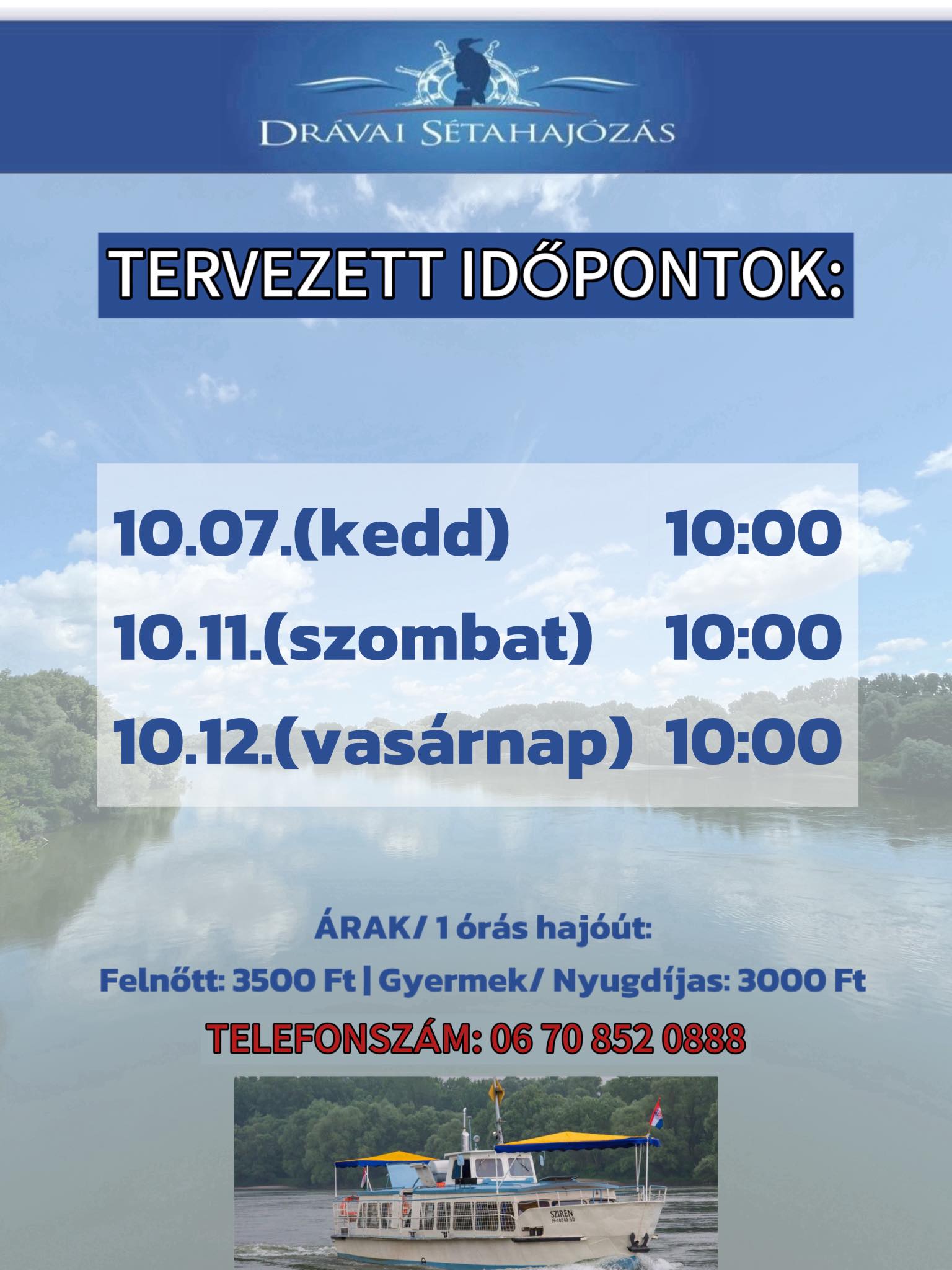 Drávai Sétahajó, 2025.10., menetrend
