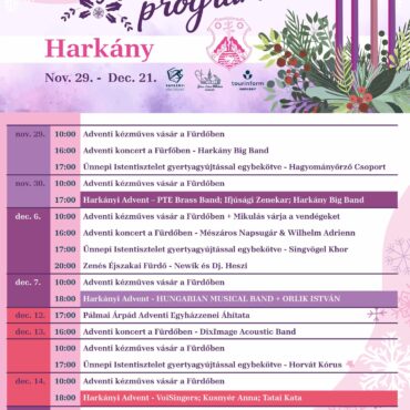 Harkányi, advent, 2025 - programok a Művelődési Házban, Gyógyfürdőben, Jézus Szíve Plébánián