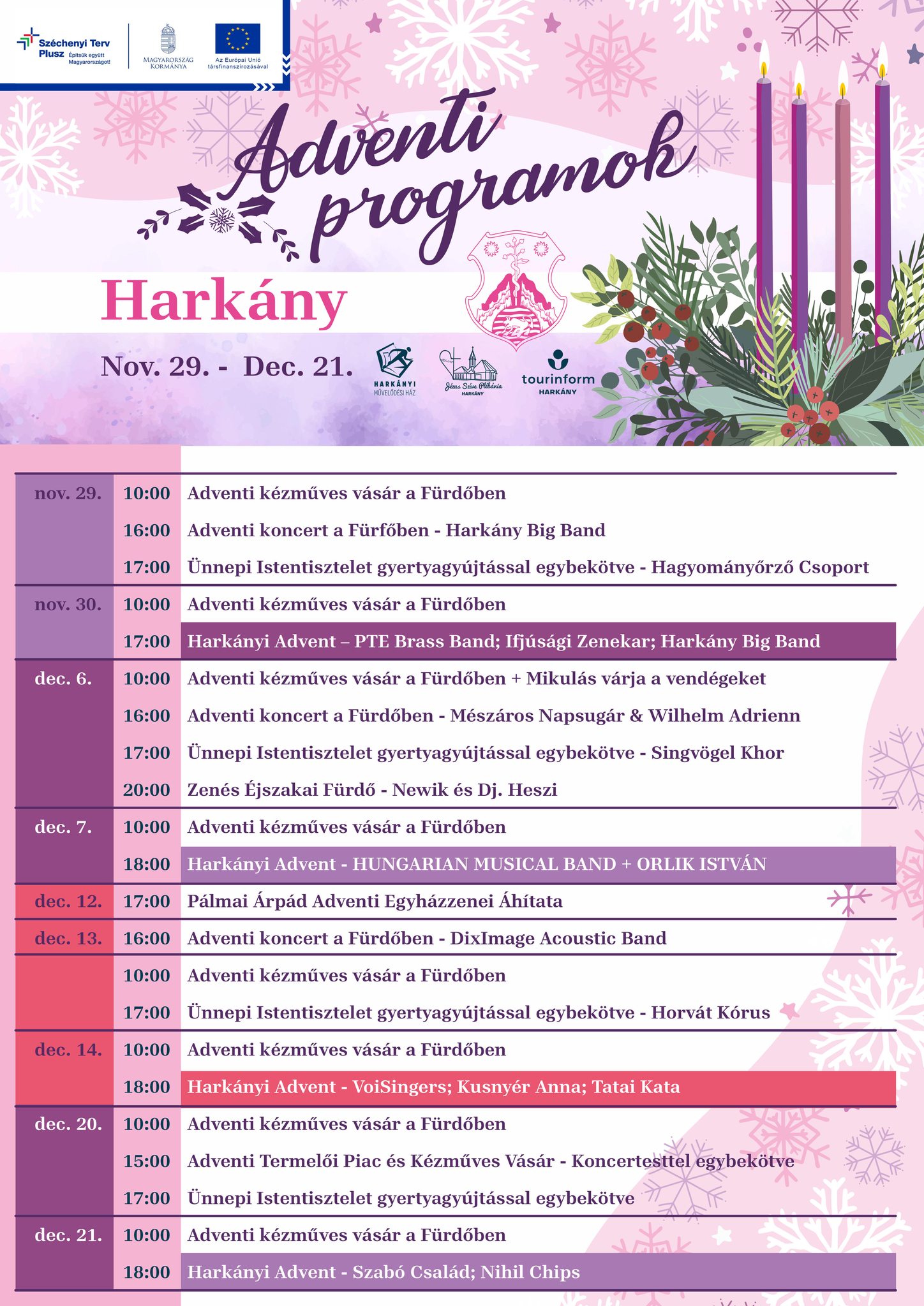 Harkányi, advent, 2025 - programok a Művelődési Házban, Gyógyfürdőben, Jézus Szíve Plébánián