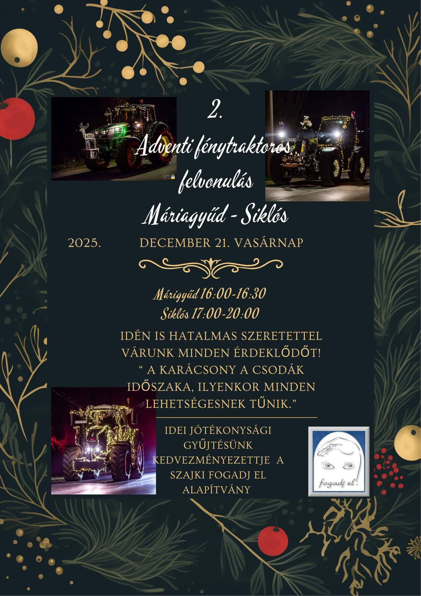 Fénytraktoros felvonulás Siklós - Máriagyűd között, 2025.12.21.
