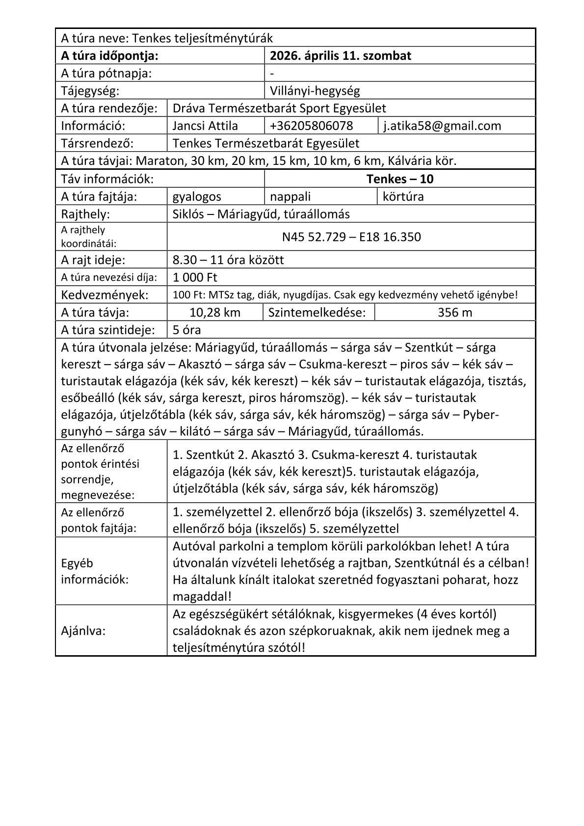 Tenkes Teljesítménytúra 2026 kiírása - 10 km-es táv