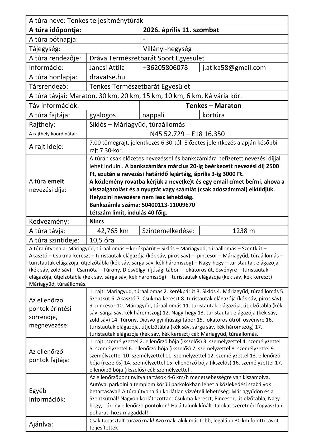 Tenkes Teljesítménytúra 2026 kiírása - 50 km-es maraton táv