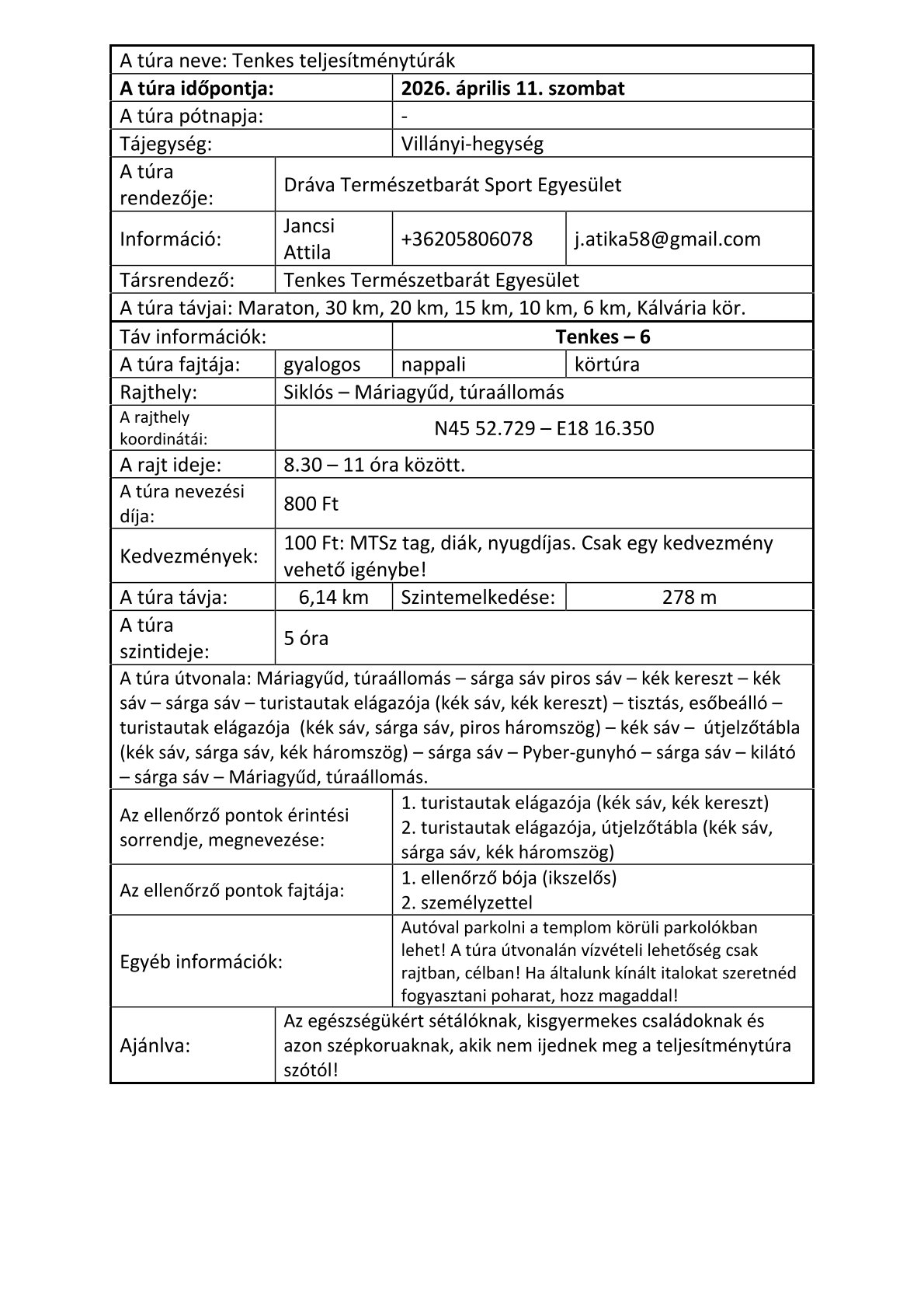 Tenkes Teljesítménytúra 2026 kiírása - 6 km-es táv